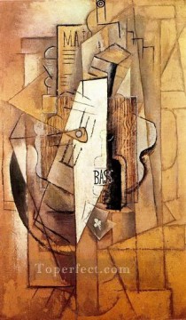  1912 Oil Painting - Bouteille de Bass guitare as de trefle 1912 Cubism